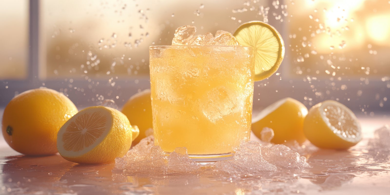 Refreshing lemonade with ice and lemons on a bright sunny day at home